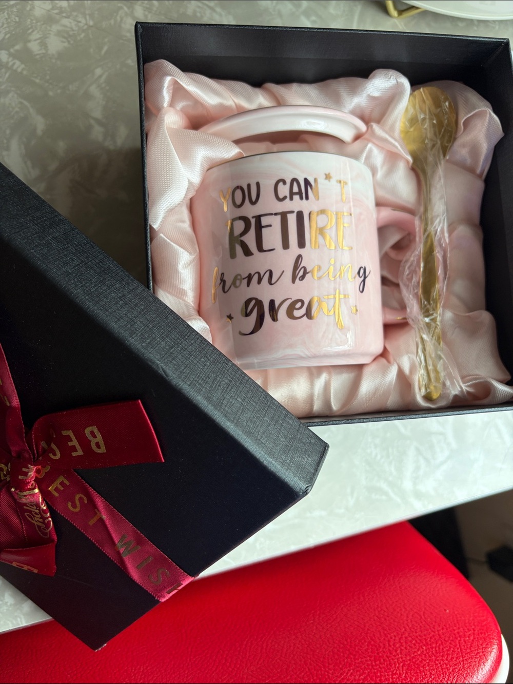 Pink 'You Can't Retire From Being Great' Gift Mug with Lid & Gold Spoon